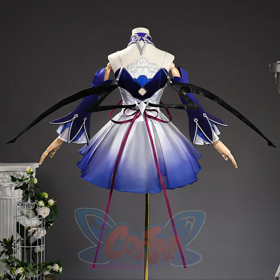 Seele cosplay costume back view on mannequin revealing embroidered panel and dark wing details