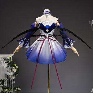 Seele cosplay costume back view on mannequin revealing embroidered panel and dark wing details