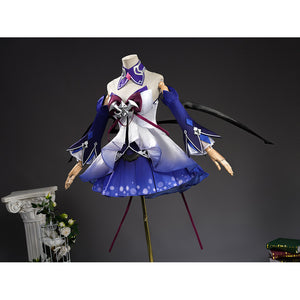 Seele cosplay costume side angled view on mannequin stand with wing and ribbon accents visible