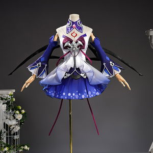 Seele cosplay full costume front view on mannequin stand, blue white dress with dark wing props