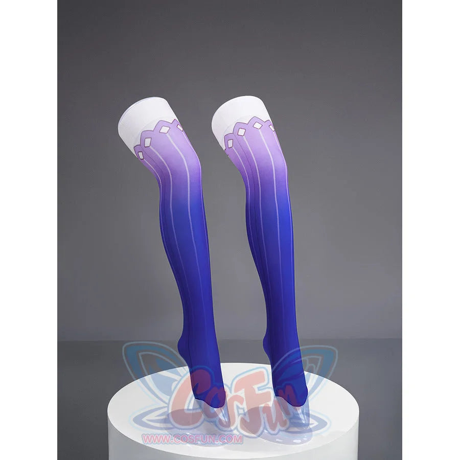 Seele cosplay blue purple gradient stockings side profile view displayed on white stand