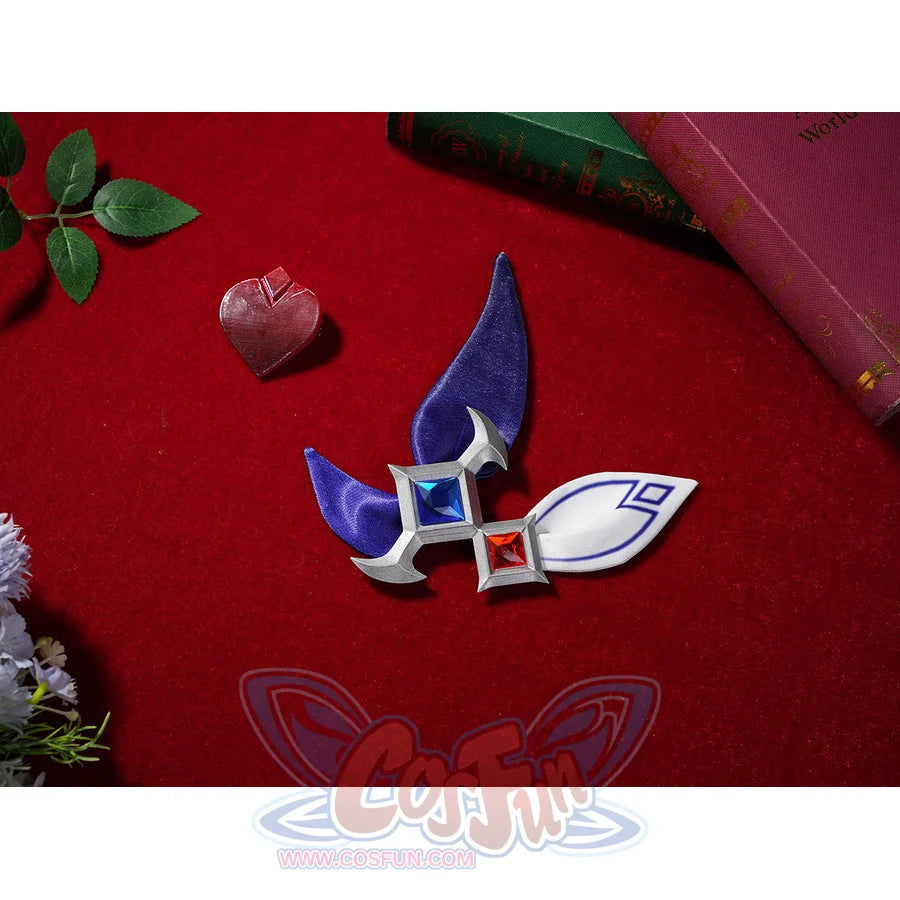 Seele cosplay hair accessories including cross gem hairpin and blue wing decoration on red