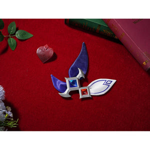 Seele cosplay hair accessories including cross gem hairpin and blue wing decoration on red