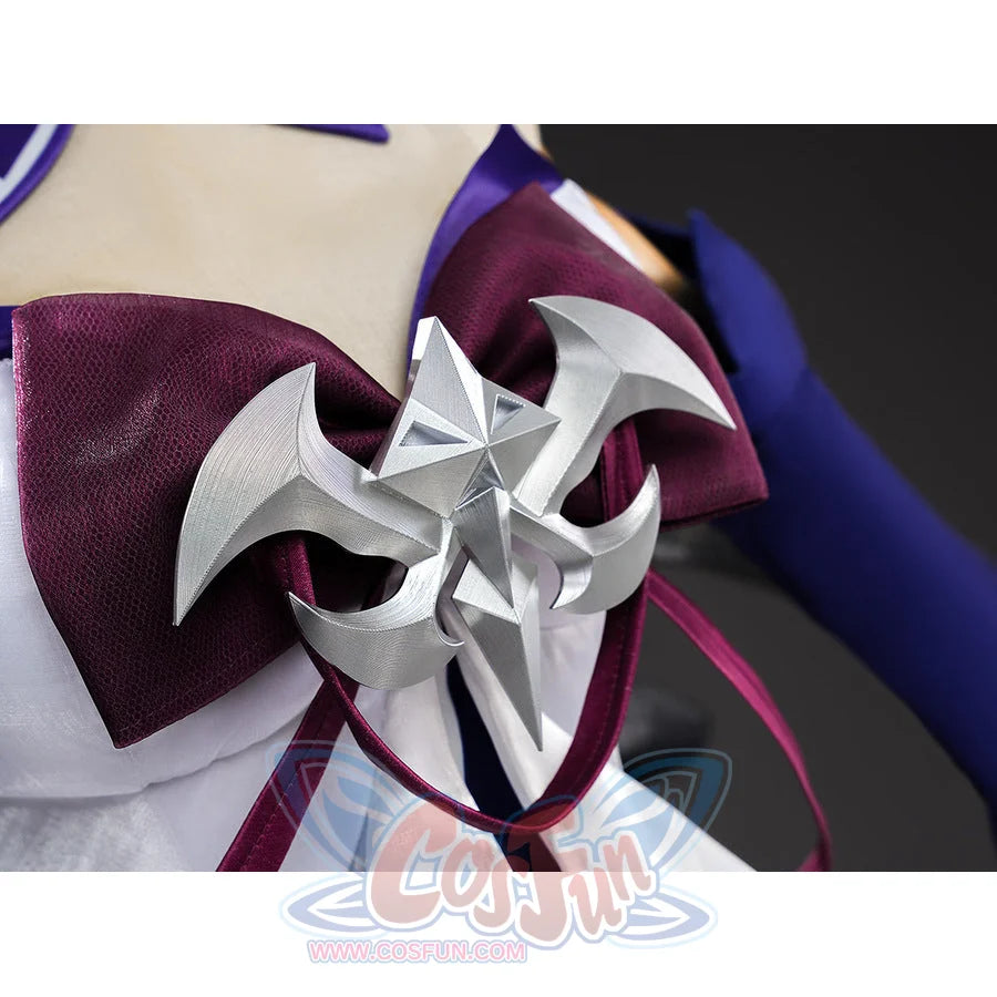 Seele cosplay silver star chest ornament macro view with dark red ribbon bow on white fabric