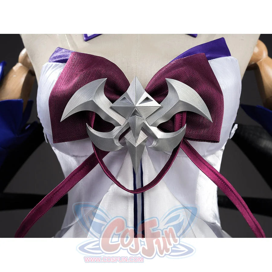 Seele cosplay silver star-shaped chest brooch close-up with dark red bow ribbon on white fabric
