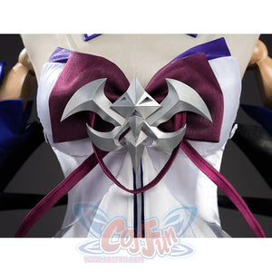 Seele cosplay silver star-shaped chest brooch close-up with dark red bow ribbon on white fabric