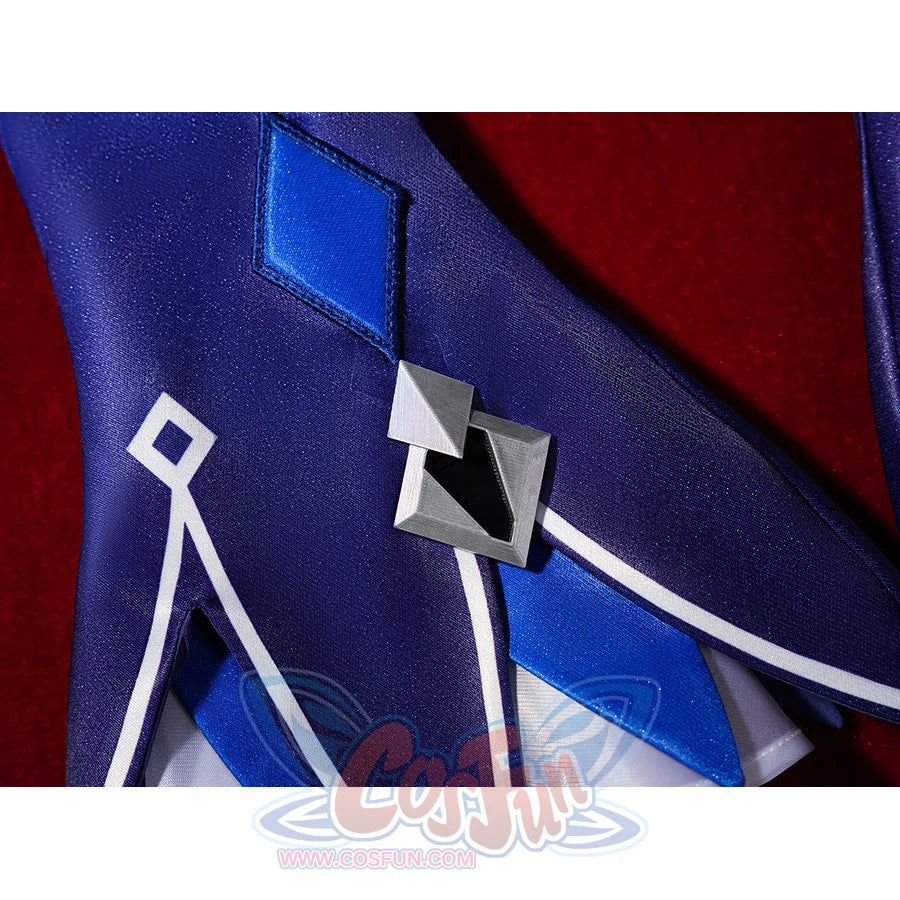 Seele cosplay blue sleeve macro showing silver square emblem with diamond-shaped trim details