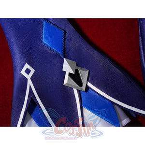 Seele cosplay blue sleeve macro showing silver square emblem with diamond-shaped trim details