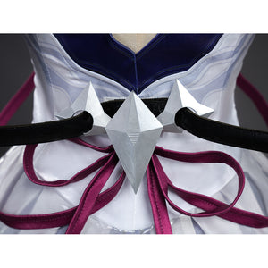 Seele cosplay silver 3D star chest ornament close-up with dark red ribbon tie and blue collar