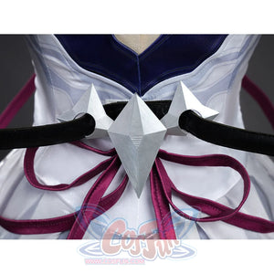 Seele cosplay silver 3D star chest ornament close-up with dark red ribbon tie and blue collar