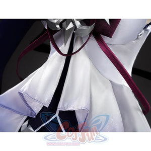Seele cosplay white layered chest fabric detail with dark red ribbon and black center strap