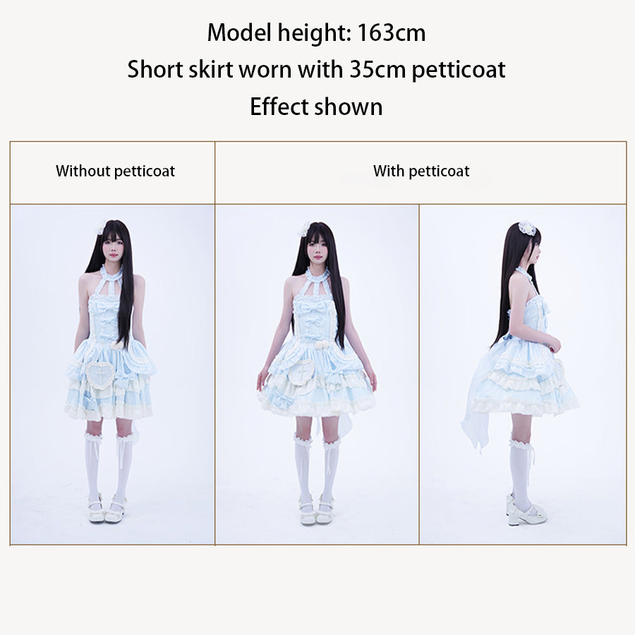 Comparison of a dress with and without a petticoat, shown on a model height chart.