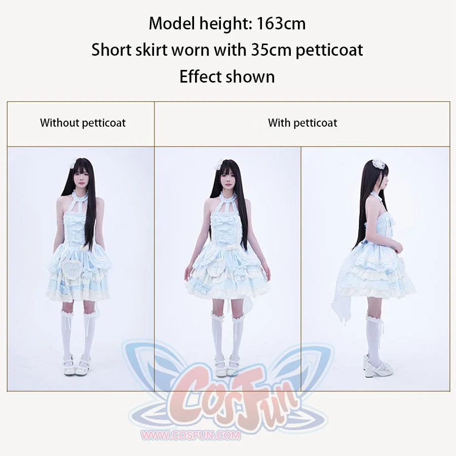 Comparison of a dress with and without a petticoat, shown on a model height chart.