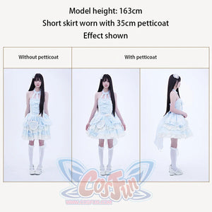Comparison of a dress with and without a petticoat, shown on a model height chart.