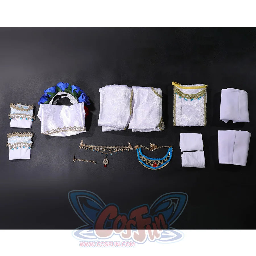 Shounen Jeanne cosplay costume complete set layout showing all pieces including headpiece and accessories