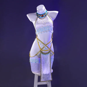 Shounen Jeanne cosplay costume front view with white lace dress, gold chain accessories, and jeweled necklace