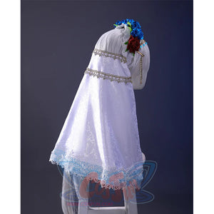 Shounen Jeanne cosplay costume headpiece back view with flowing white veil and floral crown detail