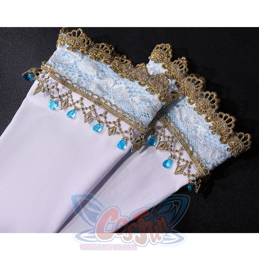 Shounen Jeanne cosplay costume opera gloves with blue lace trim, gold edging, and jewel accents