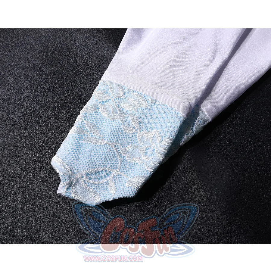 Shounen Jeanne cosplay costume opera glove wrist detail with intricate blue lace pattern design