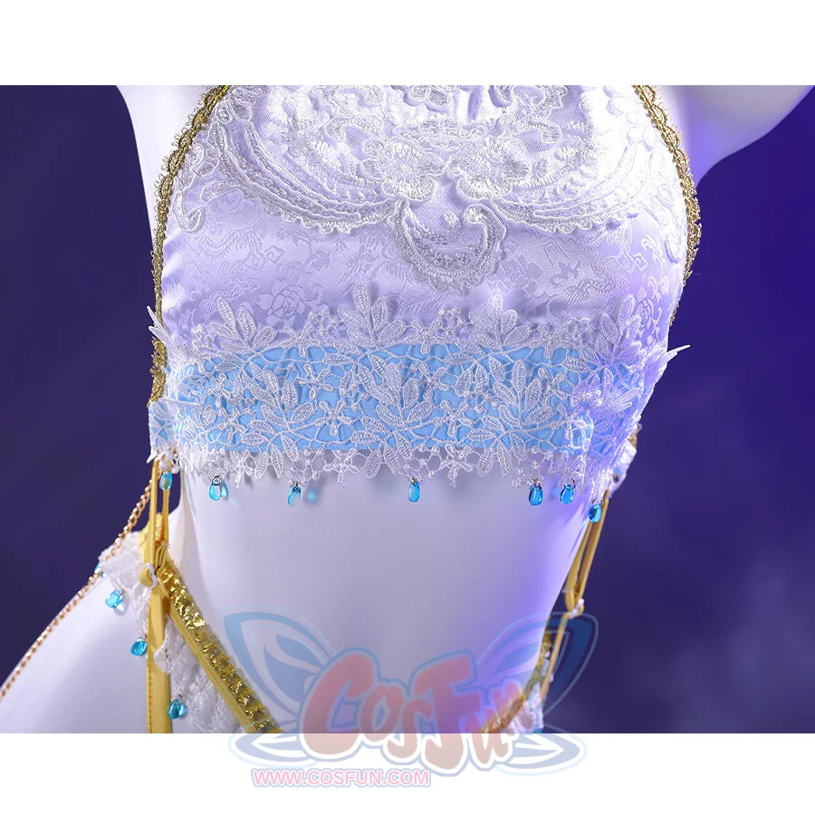 Shounen Jeanne cosplay costume bodice detail with intricate white lace patterns and blue jewel accents