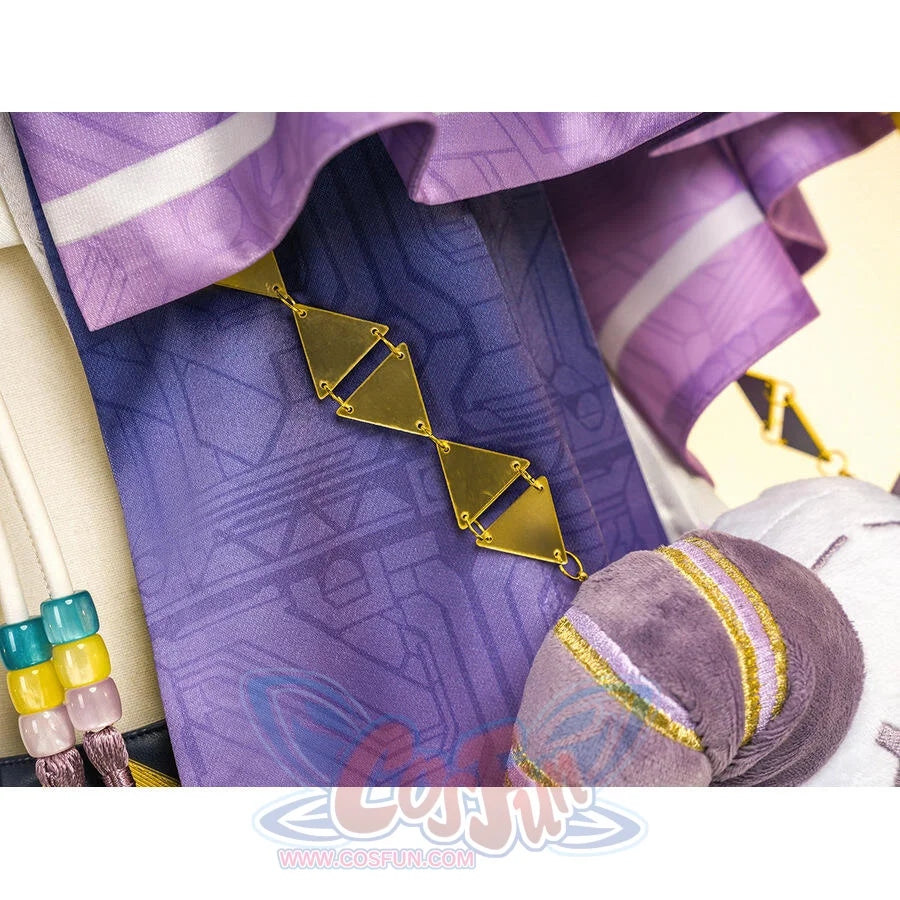Sigrika cosplay outfit purple pants with gold patterns, purple cap and decorative accessories.