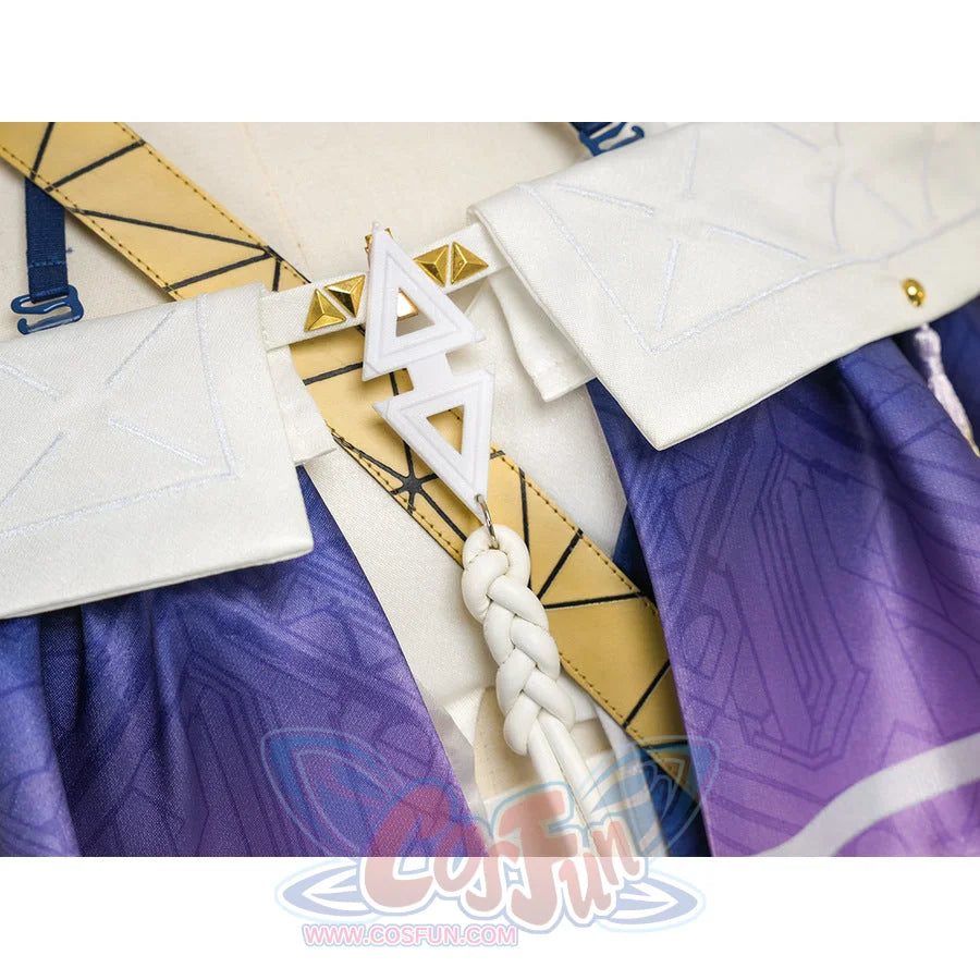 Sigrika cosplay outfit pieces with white top, gold geometric accents and purple fabric shown flat.