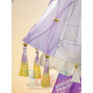 Sigrika cosplay outfit purple to yellow gradient tassels with gold bells on cape closeup.