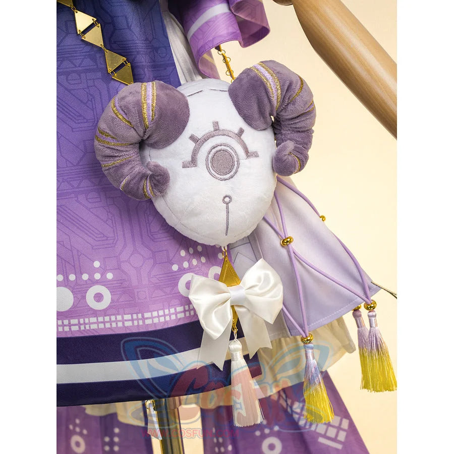 Sigrika cosplay outfit white plush toy with purple horns and decorated purple pattern belt.