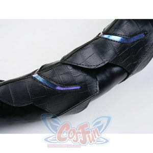 Silver Wolf cosplay tail close-up showing black textured surface with glowing blue accent details