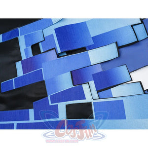 Silver Wolf cosplay blue geometric skirt panel fabric close-up showing layered rectangular pixel-art pattern