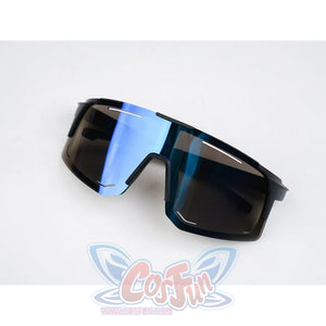 Silver Wolf cosplay blue mirrored wraparound sunglasses with black frame, included as a costume prop