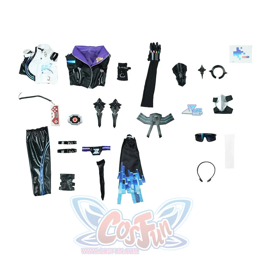 Silver Wolf cosplay complete costume flat lay showing all included accessories and clothing pieces