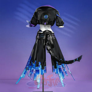 Silver Wolf cosplay full costume back view on mannequin, showing black jacket and blue geometric skirt panels