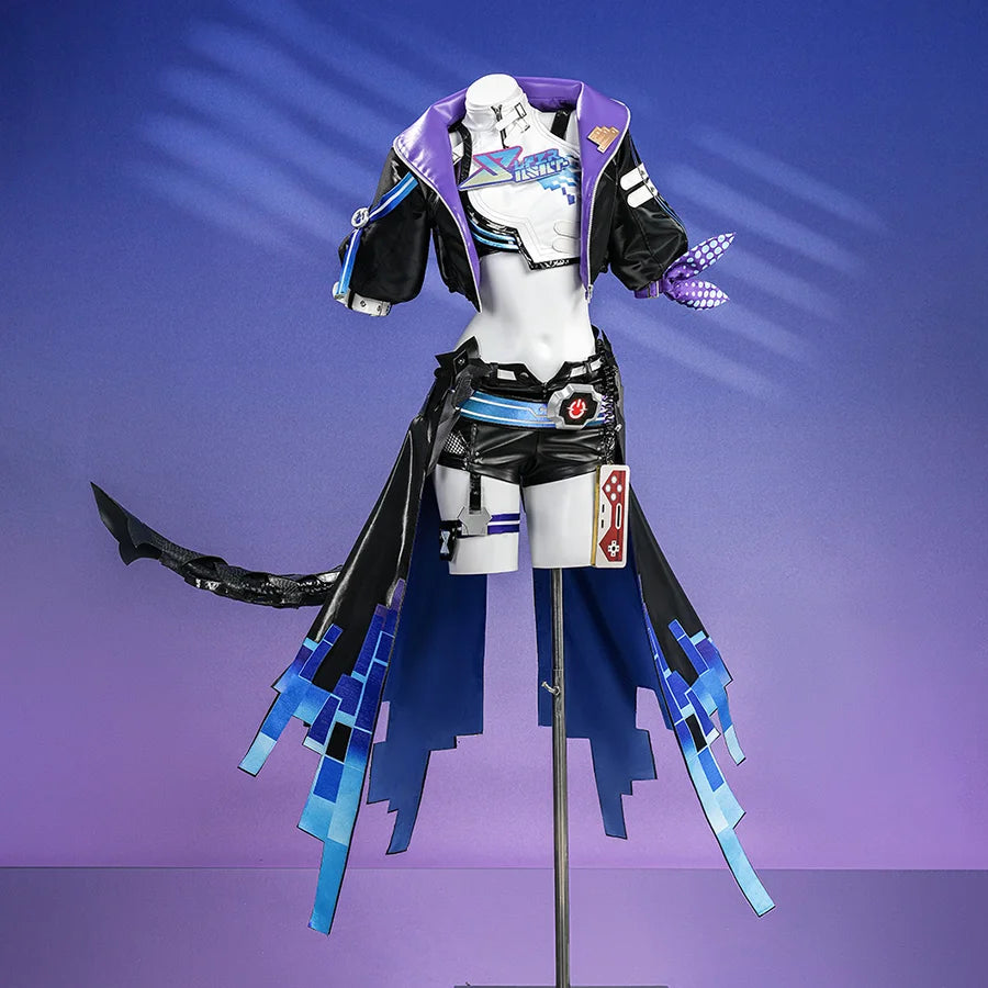 Silver Wolf cosplay full costume front view: purple jacket, black shorts, blue layered geometric skirt on mannequin