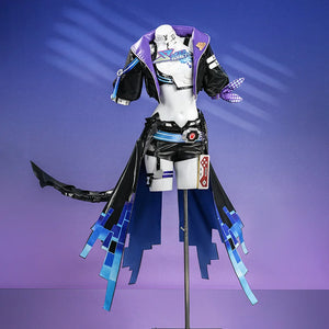 Silver Wolf cosplay full costume front view: purple jacket, black shorts, blue layered geometric skirt on mannequin