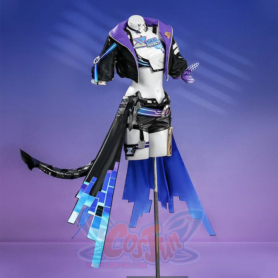 Silver Wolf cosplay costume side view on mannequin showing layered blue geometric skirt and black jacket