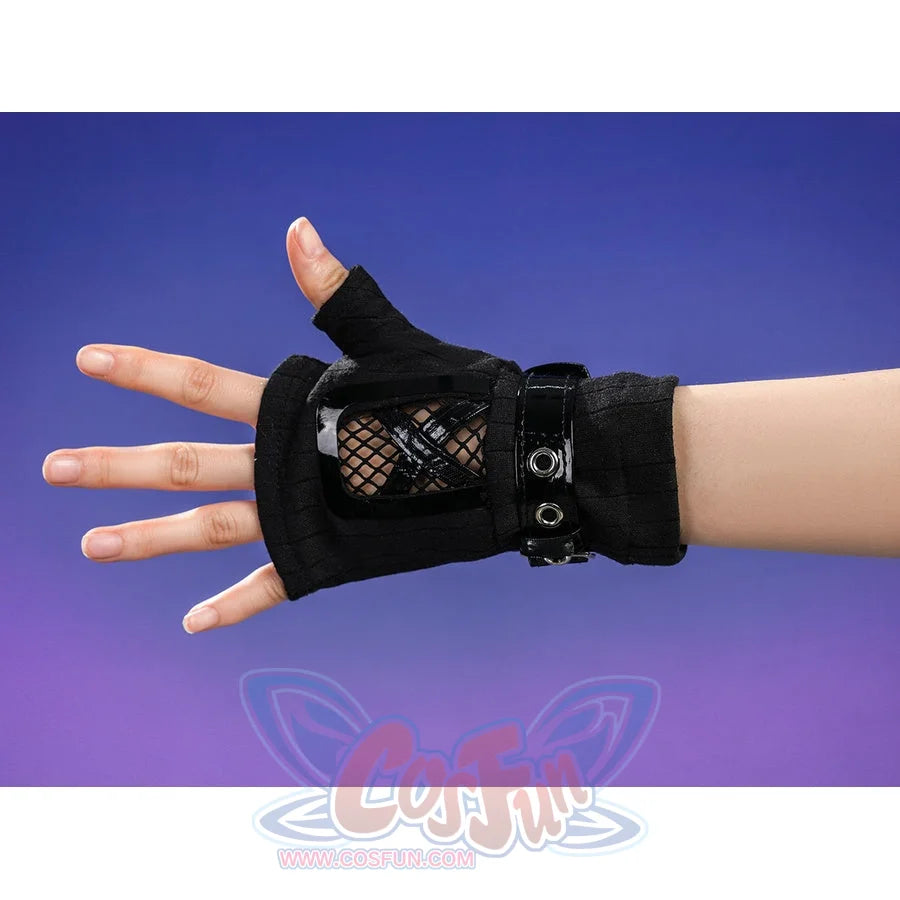 Silver Wolf cosplay black fingerless glove with patent leather wrist guard and metal studs on hand