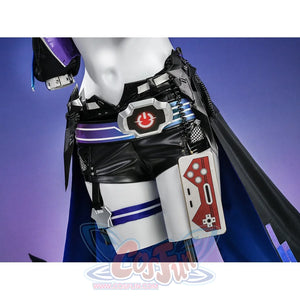 Silver Wolf cosplay hip area showing power button belt, game console prop hanging from thigh strap