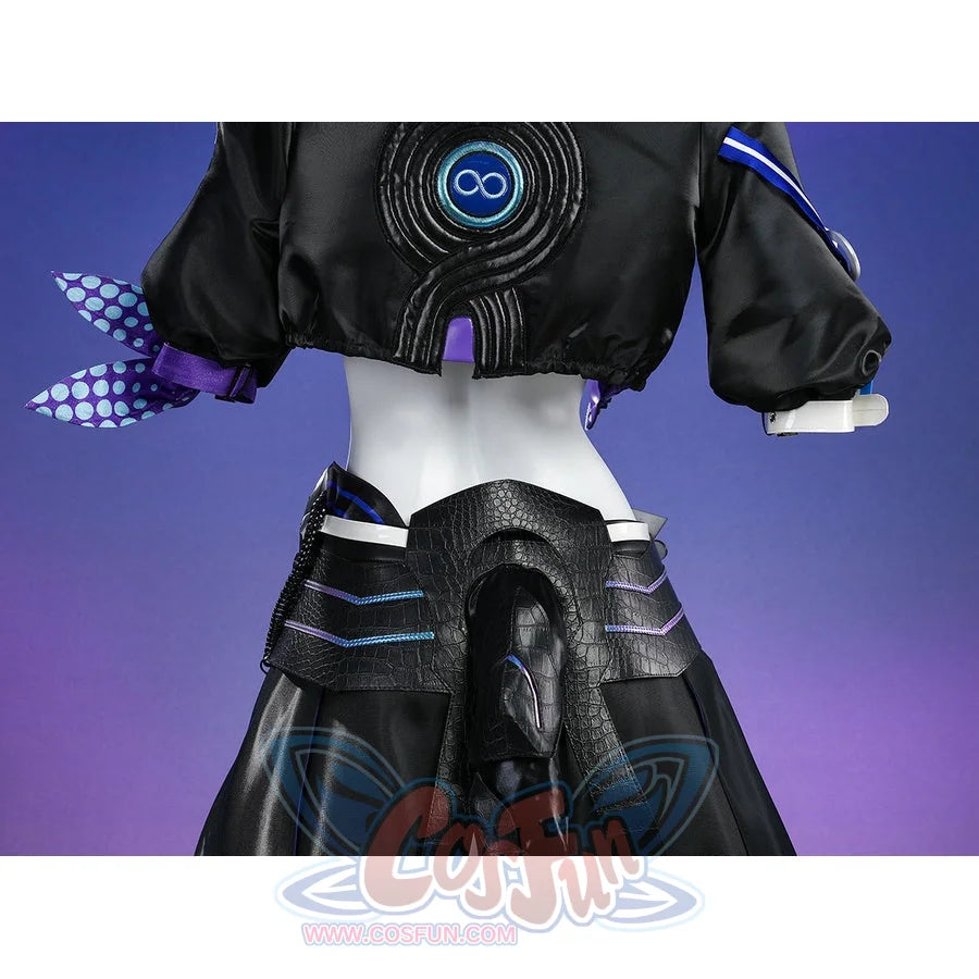 Silver Wolf cosplay back view showing blue infinity emblem on black jacket with polka-dot accessories