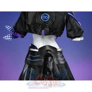 Silver Wolf cosplay back view showing blue infinity emblem on black jacket with polka-dot accessories