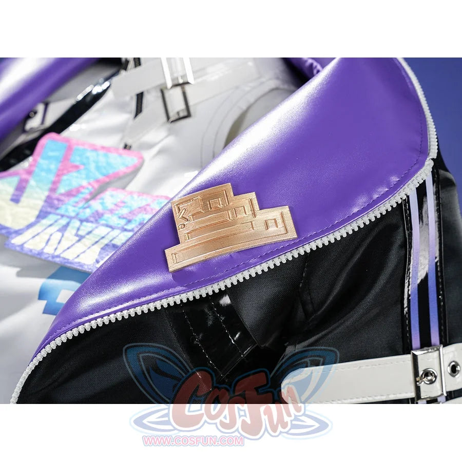 Silver Wolf cosplay jacket collar close-up showing gold metal badge emblem on purple lapel with zipper