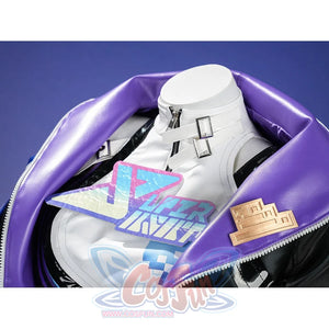 Silver Wolf cosplay jacket collar top view: white inner vest, purple lapel, holographic print, gold badge