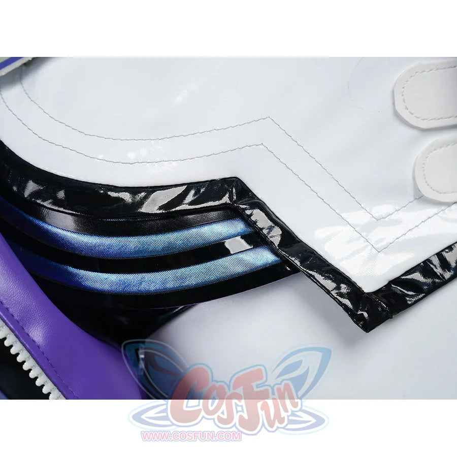 Silver Wolf cosplay jacket fabric detail showing black patent leather trim and metallic blue stripe