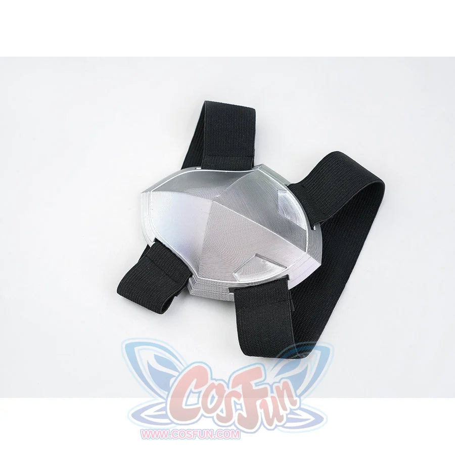 Silver Wolf cosplay silver metallic knee pad accessory with black elastic straps for secure attachment