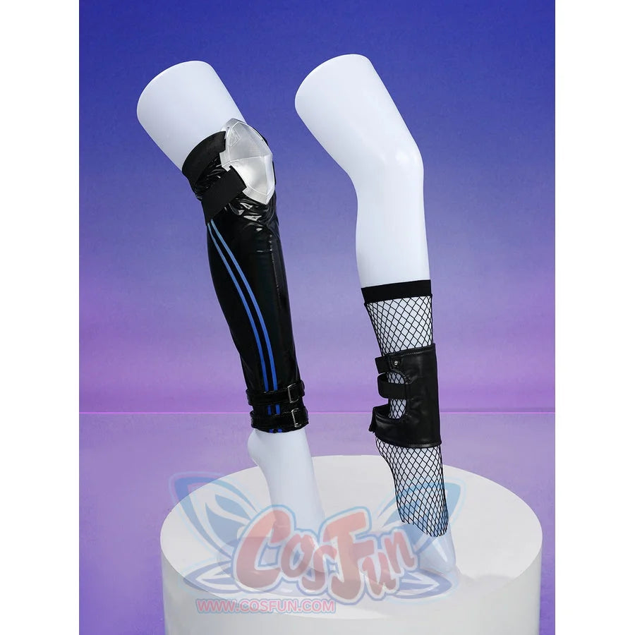 Silver Wolf cosplay full-length leg accessories: black leg cover with blue stripe and black fishnet ankle sock