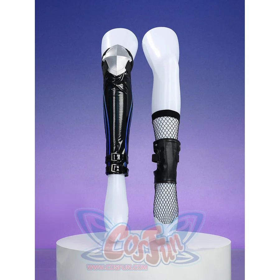 Silver Wolf cosplay leg accessories: black patent leather leg cover with silver top and blue stripe beside fishnet sock