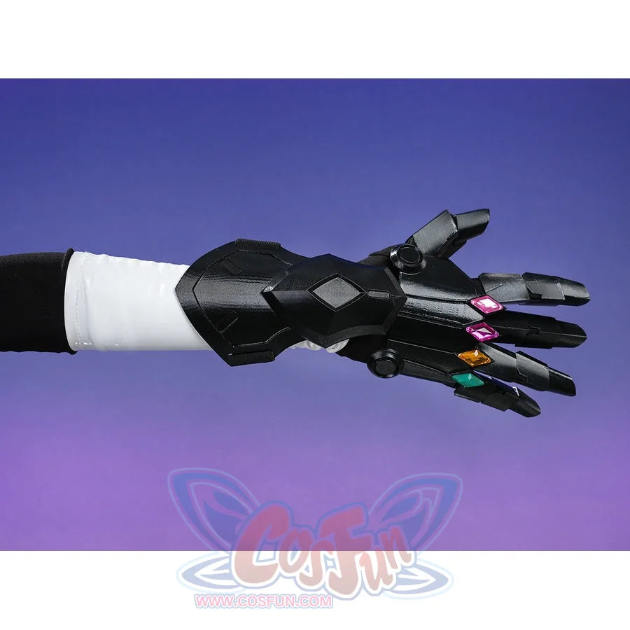 Silver Wolf cosplay black mecha glove prop with colorful gemstones on each finger over white arm sleeve