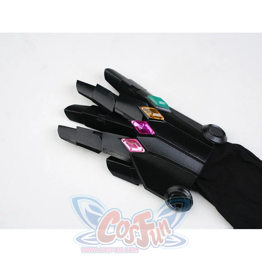 Silver Wolf cosplay black mecha glove flat lay showing teal, amber, and pink gemstones on each finger