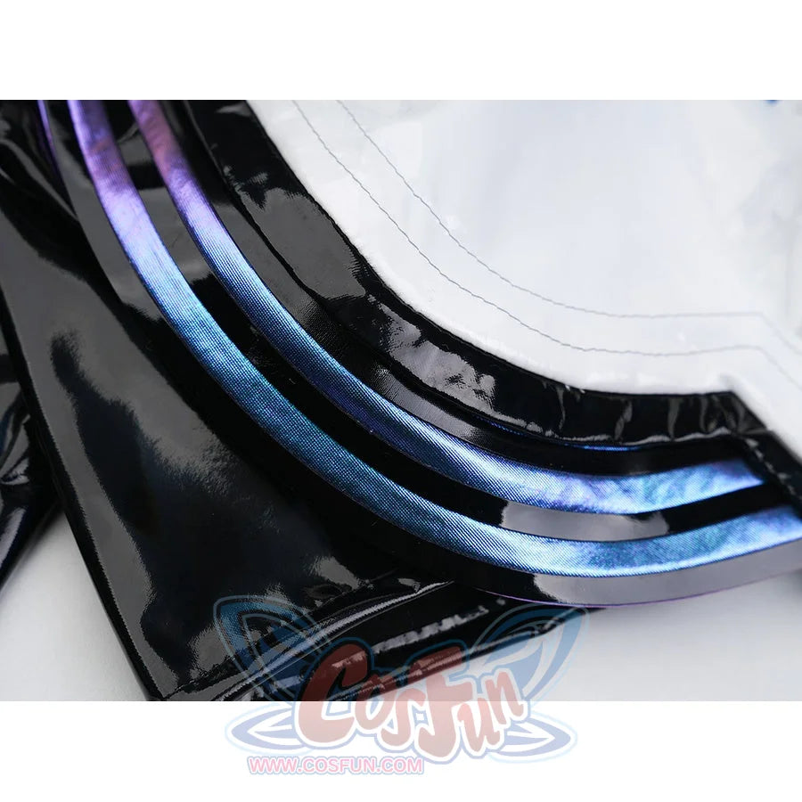 Silver Wolf cosplay fabric detail: black patent leather with iridescent blue-purple holographic metallic stripe