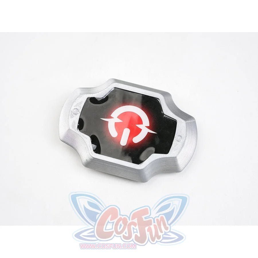 Silver Wolf cosplay silver octagonal belt buckle with black center and red power button icon design